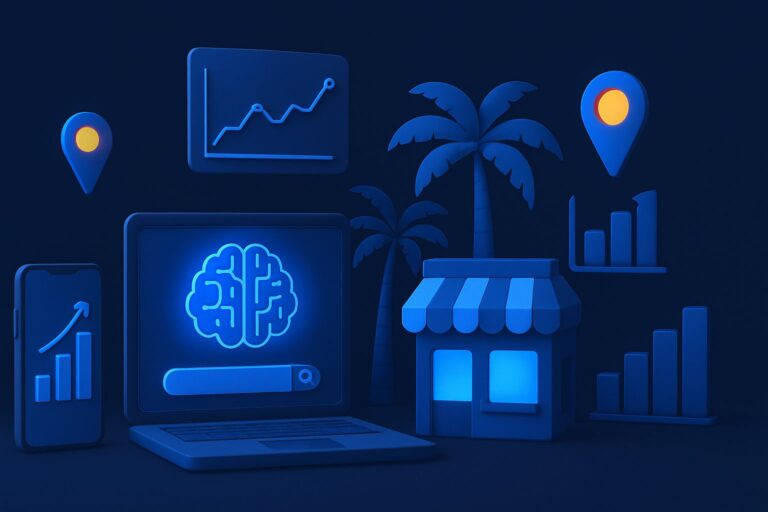 Illustration of a laptop with a brain icon, a smartphone, a shop, palm trees, and various charts and location pins