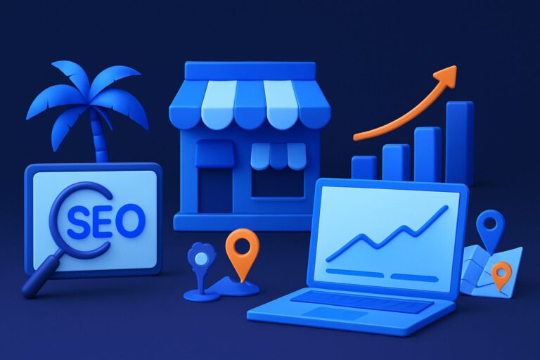 Illustration of a laptop, shopfront, SEO sign, and growth chart with palm tree and location markers