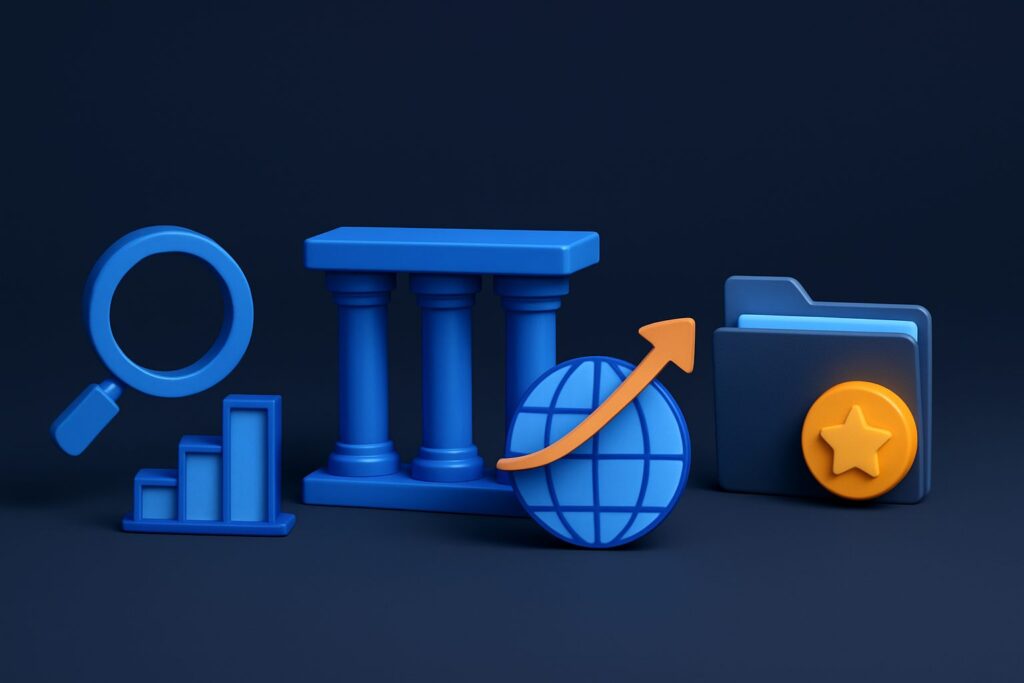 Illustration of a magnifying glass, bar chart, globe, columns, and a folder icon on a dark background