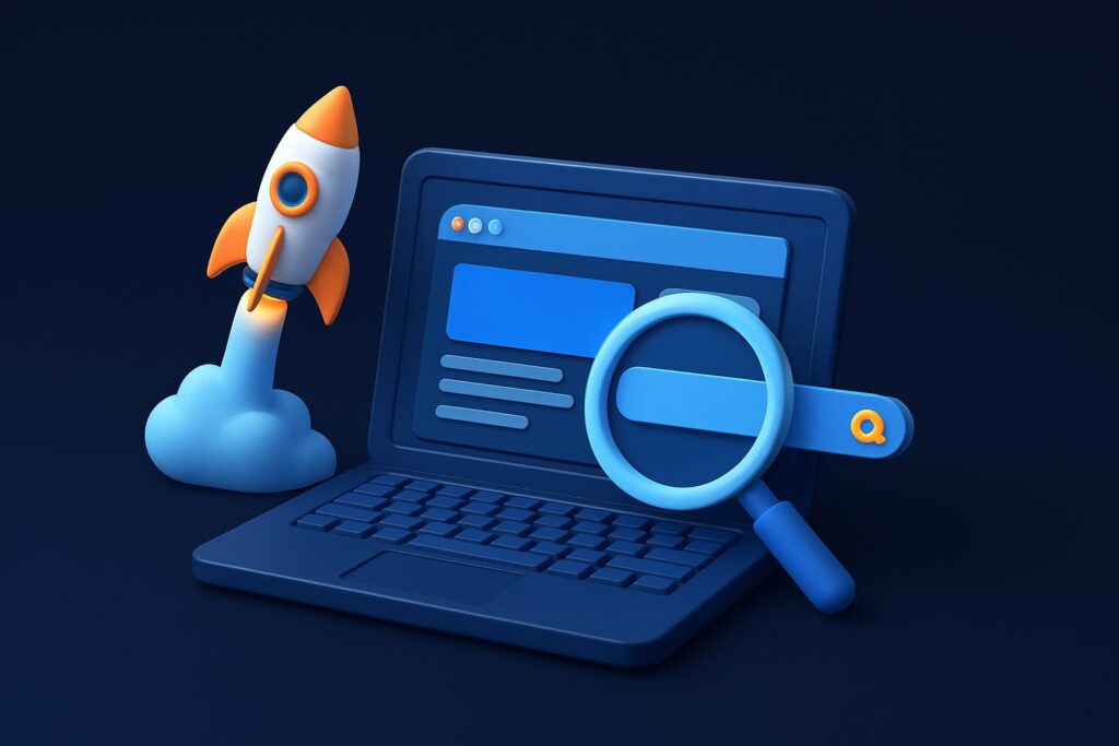 Illustration of a laptop with a search magnifying glass and a rocket launching next to it
