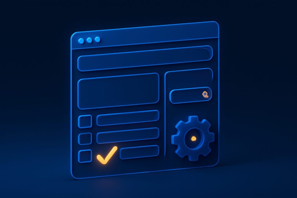 Illustration of a blue webpage outline with a checkmark and a gear icon on a dark background