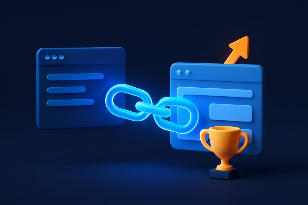 Illustration of a trophy, a glowing link, and two web browser windows with upward arrows