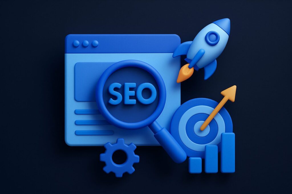 Illustration of a blue web browser window, magnifying glass, rocket, target, and bar chart on a dark background