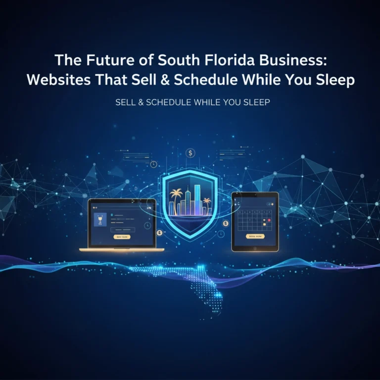 South Florida business owner reviewing automated website sales dashboard on laptop at modern office desk
