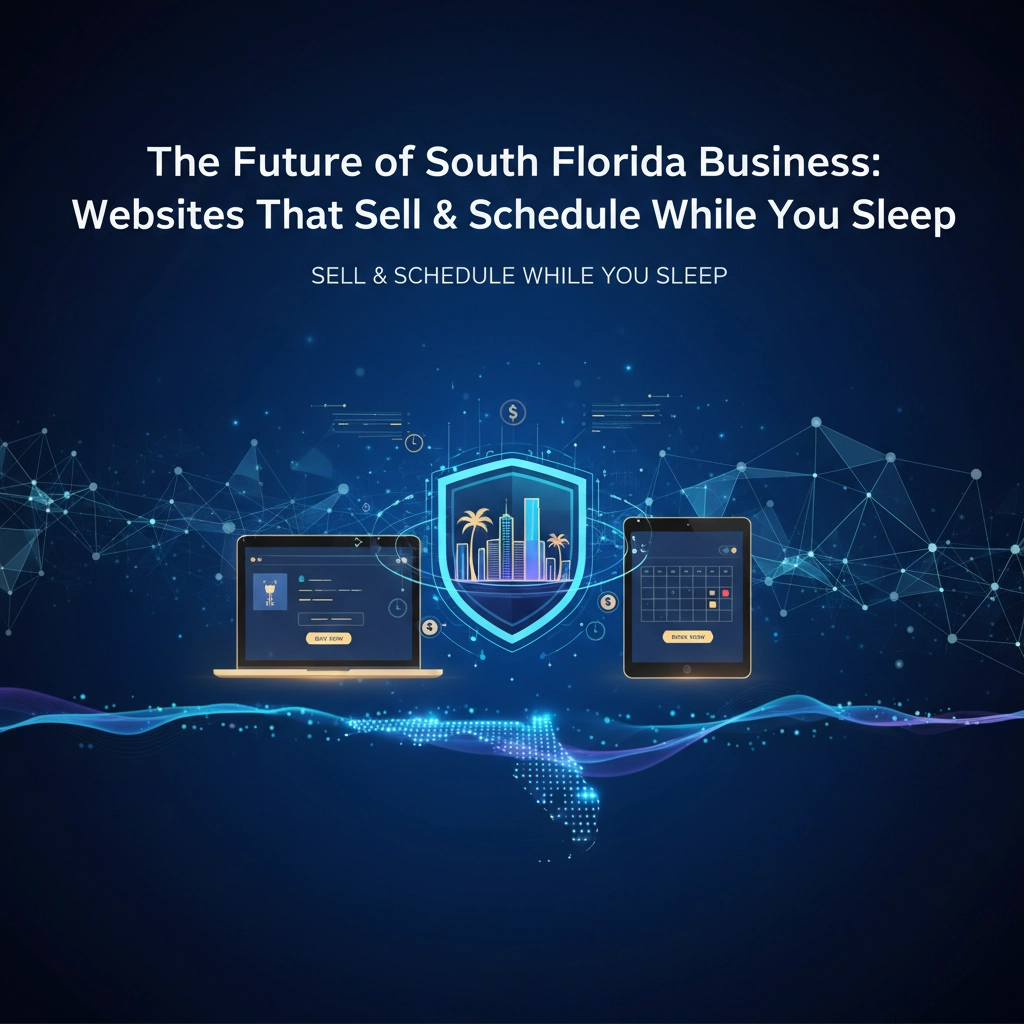 South Florida business owner reviewing automated website sales dashboard on laptop at modern office desk