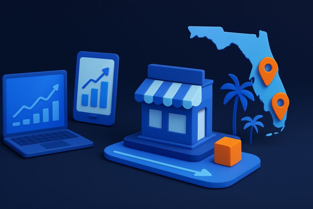 Illustration of a small store model, laptops, a tablet, and a map of Florida with location pins