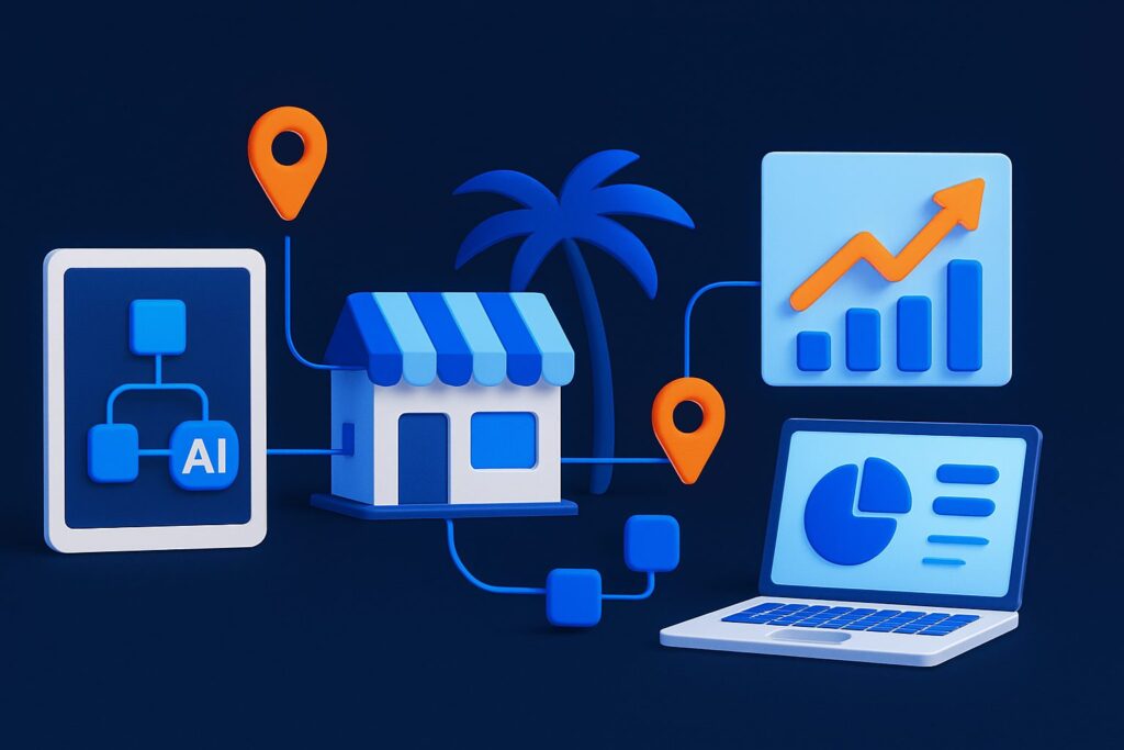 Illustration of a small shop, laptop, charts, location pins, and an AI flowchart against a dark background