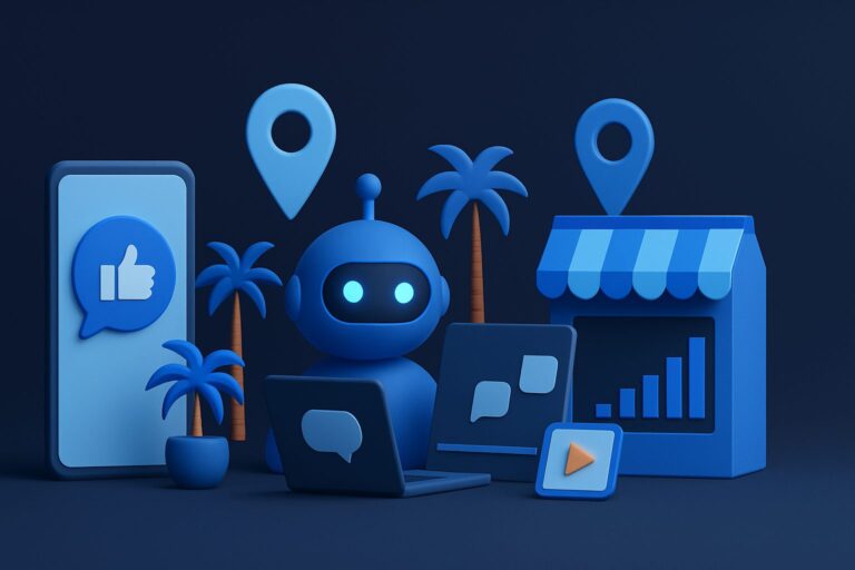 Illustration of a blue robot with a laptop, smartphone, and palm trees next to a market stall and location icons