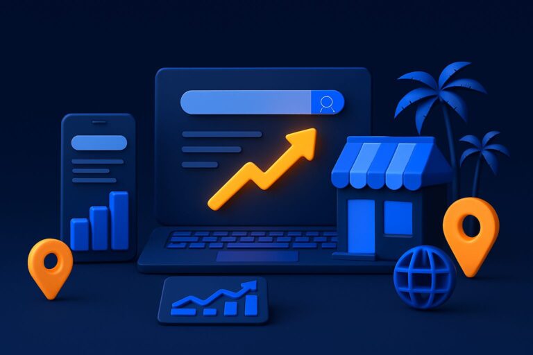 Illustration of a laptop, smartphone, store icon, graphs, and location markers against a dark background