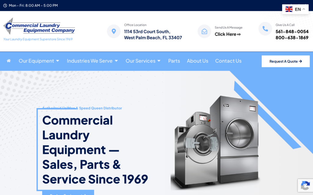 Commercial Laundry Equipment — website homepage designed by UltraWeb Labs
