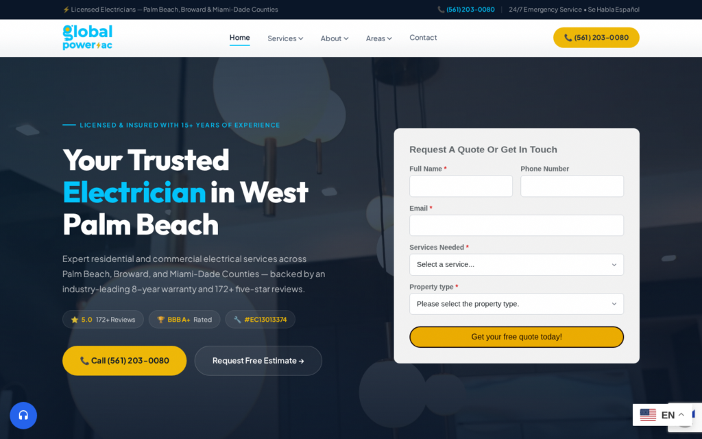 Global Power & AC — website homepage designed by UltraWeb Labs