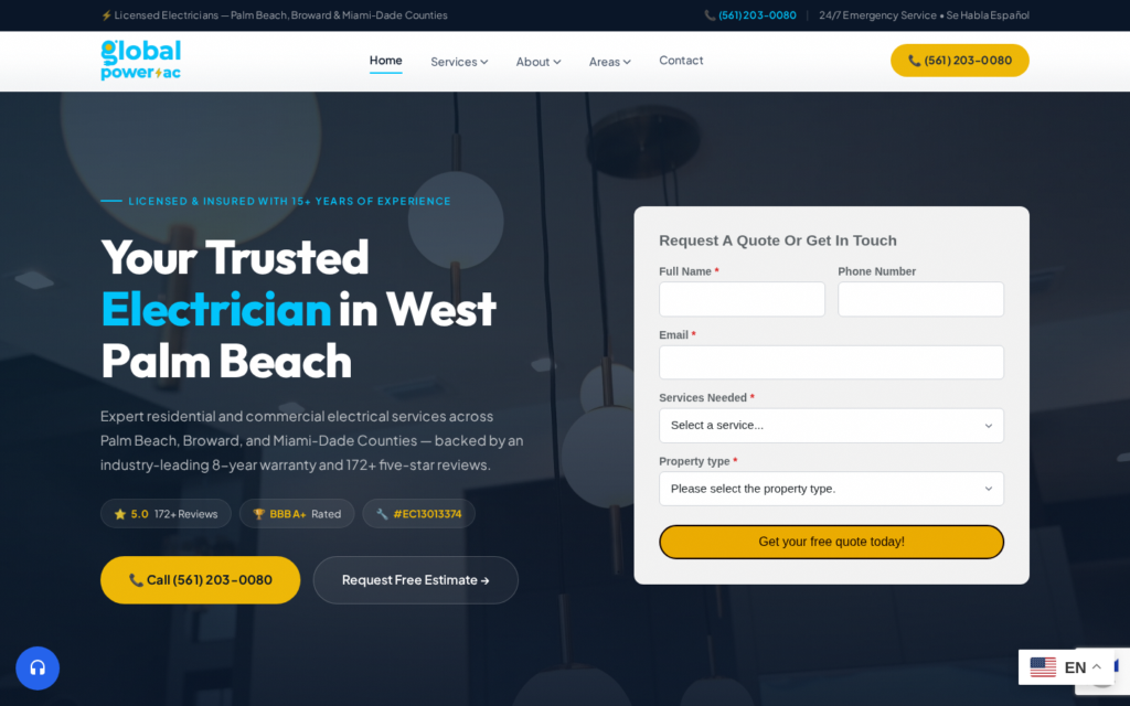 Global Power & AC — website homepage designed by UltraWeb Labs