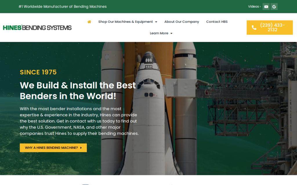 Hines Bending Systems — website homepage designed by UltraWeb Labs
