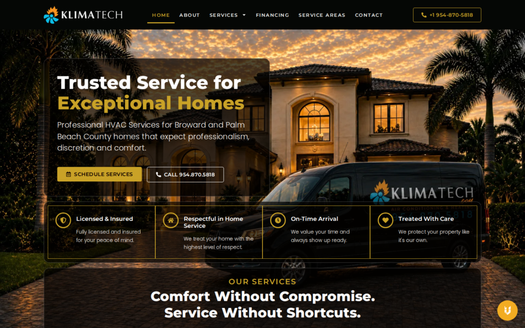 Klimatech — website homepage designed by UltraWeb Labs