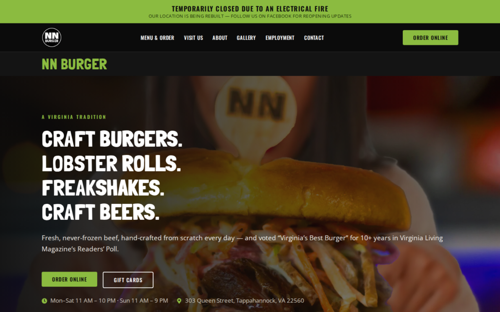 NN Burger — website homepage designed by UltraWeb Labs