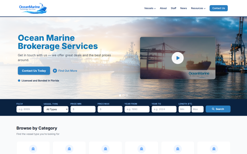 Ocean Marine — website homepage designed by UltraWeb Labs