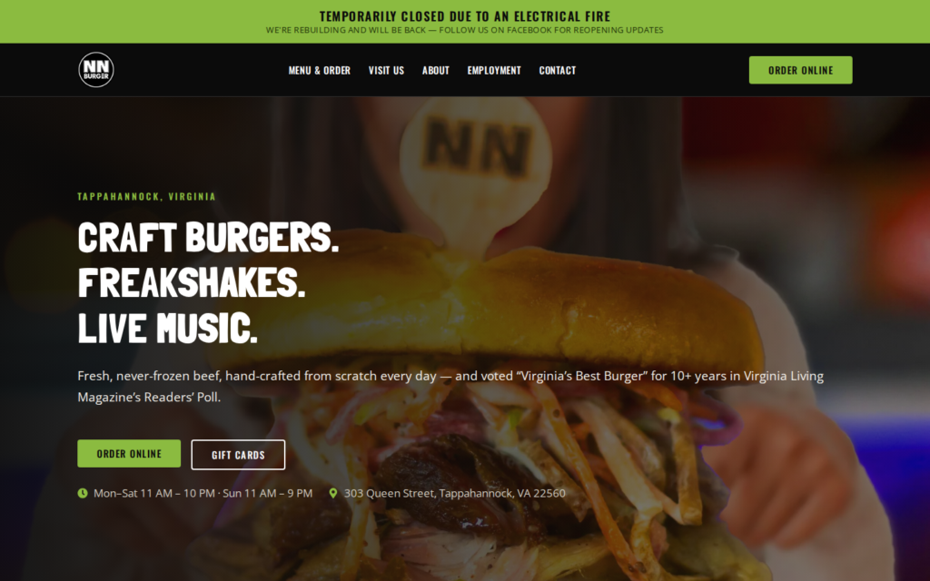 NN Burger — website homepage designed by UltraWeb Labs