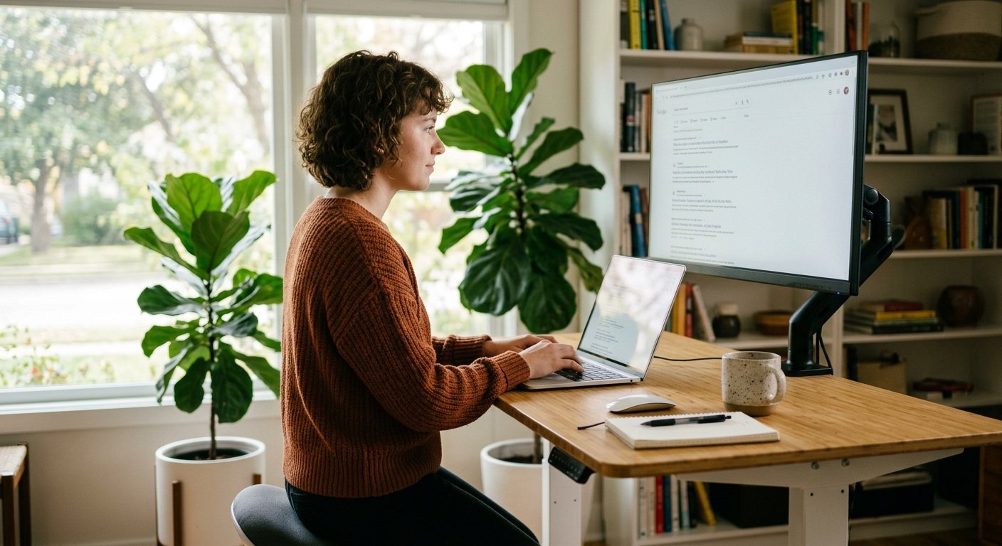 Young woman working at a standing desk in a sunlit home office, typing on a laptop beside a monitor showing browser search re