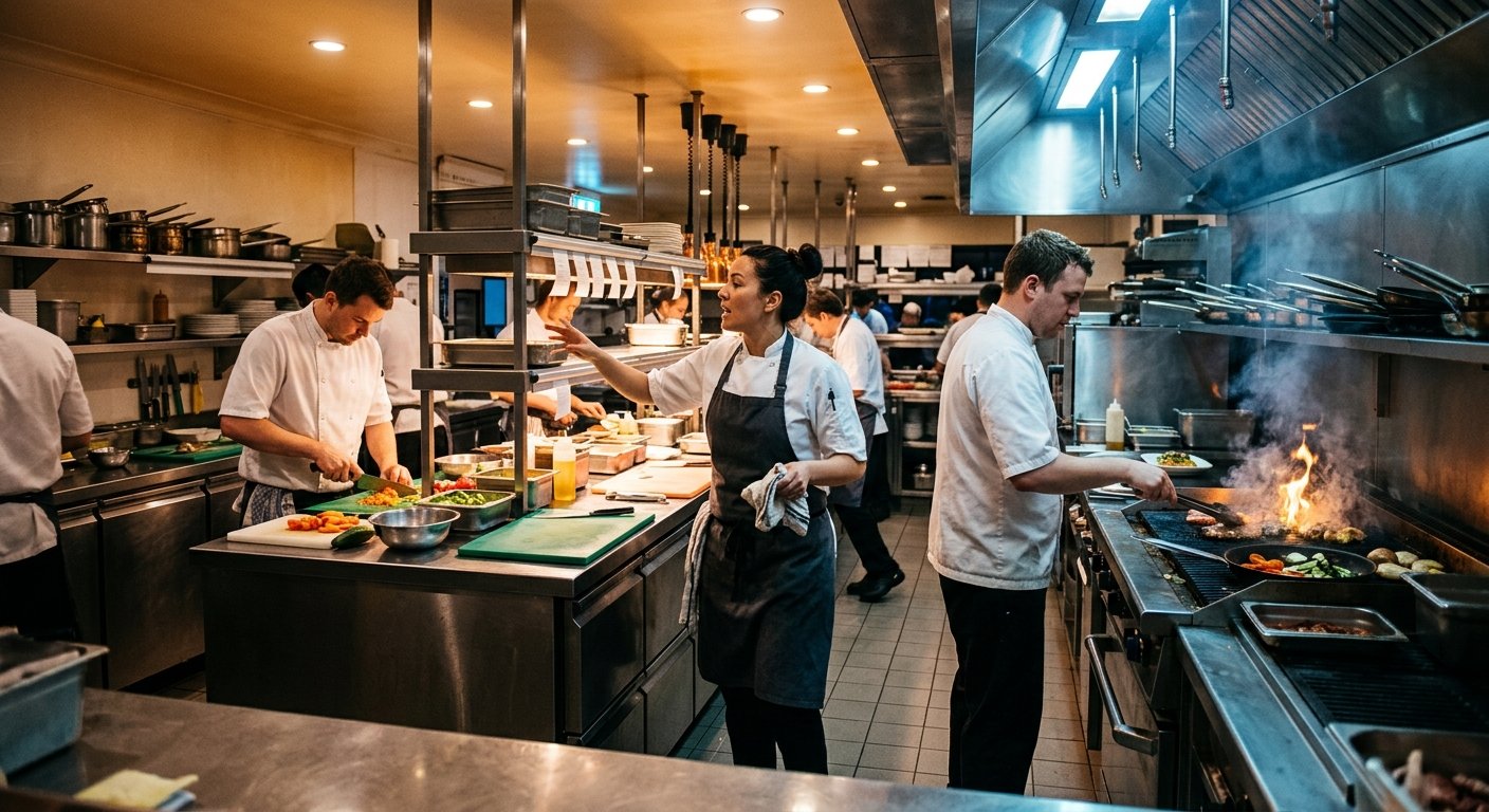 Three cooks in white uniforms work separate stations in a busy restaurant kitchen under warm overhead lights during dinner se