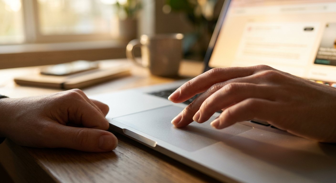 Close-up of hands on a laptop trackpad in a sunlit home office, shallow depth of field blurring the glowing screen behind.