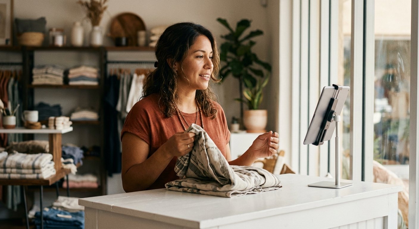 Small business owner talking to a tablet mounted at a retail counter, holding a garment, bathed in morning natural light