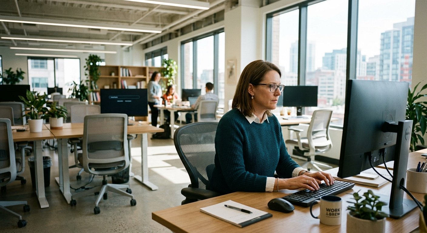Woman typing intently at a desktop computer in a sunlit open-plan office, surrounded by empty desks and large windows