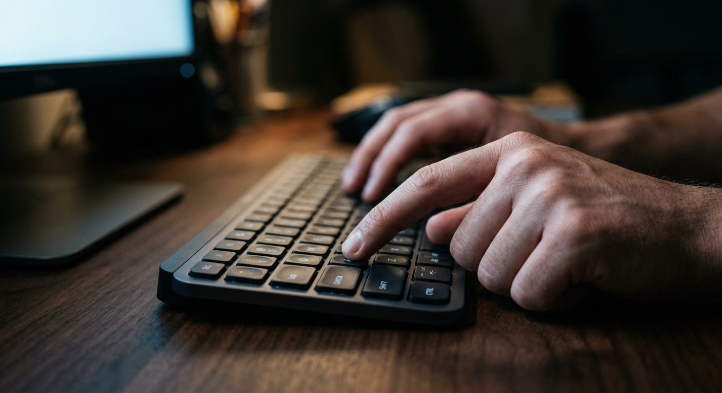 Close-up of hands on a keyboard, one finger poised over the Enter key, bathed in cool monitor glow in a dim room.