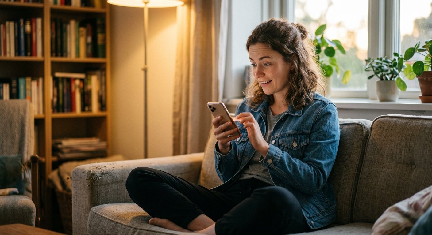 Young woman on a sofa scrolling her smartphone in warm evening light, pausing with a look of discovery