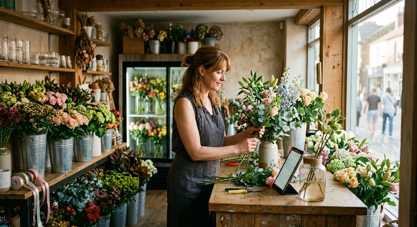 Woman arranging flowers behind a shop counter, reviewing a tablet, warm afternoon light filling a small colorful florist inte