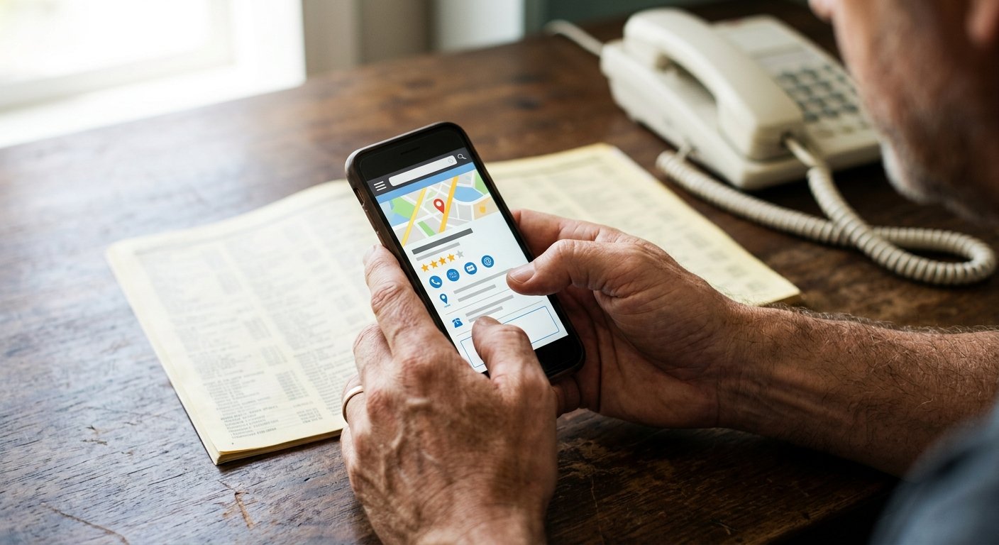 Close-up of hands holding a smartphone next to a printed business listing sheet and a landline phone on a wooden desk