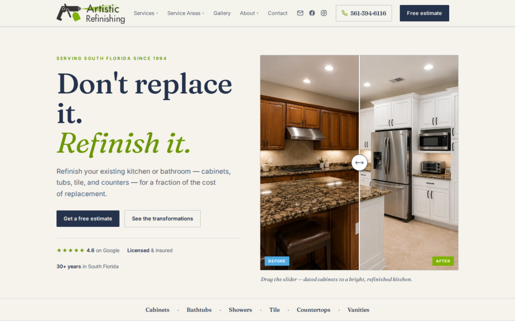 Artistic Refinishing — website homepage designed by UltraWeb Labs