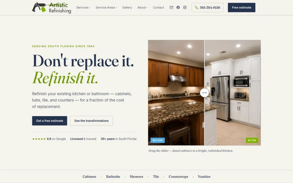 Artistic Refinishing — website homepage designed by UltraWeb Labs