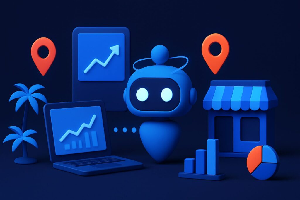 Illustration of a blue robot beside a laptop, small store, graphs, palm trees, and location markers