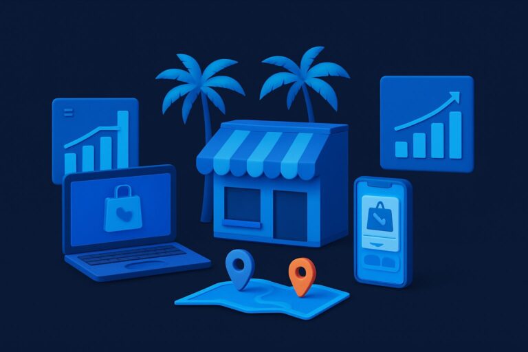 Illustration of a small shop with laptops, smartphones, maps, and graphs on a dark background with palm trees