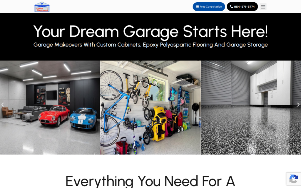 Garage Makeovers — website homepage designed by UltraWeb Labs