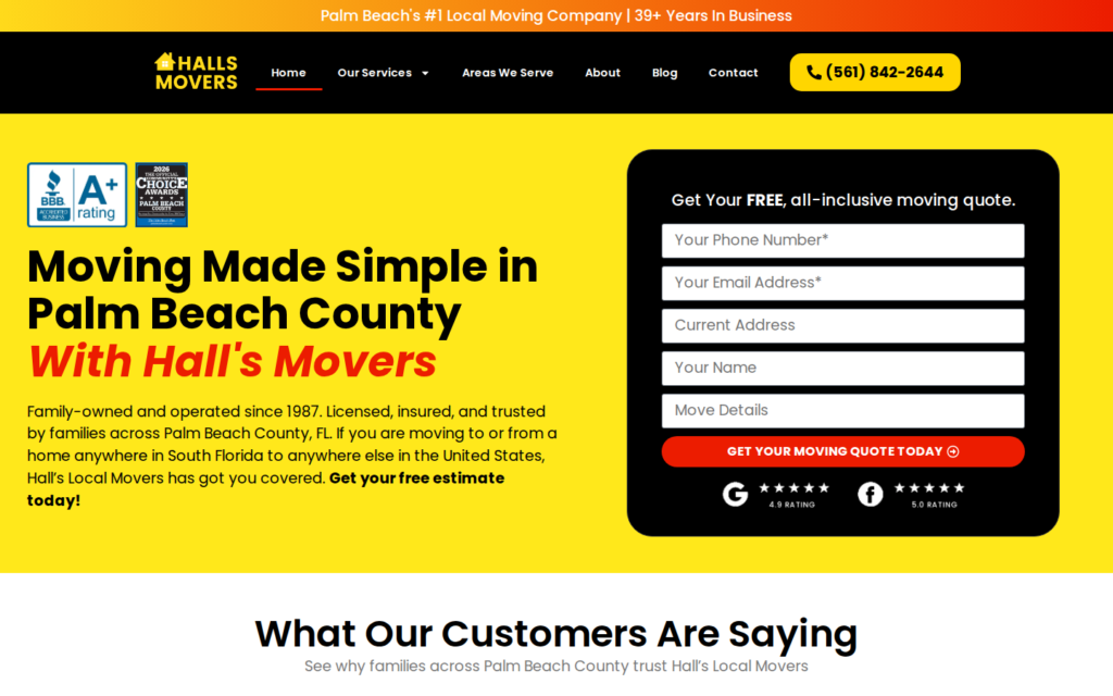 Hall’s Movers — website homepage designed by UltraWeb Labs