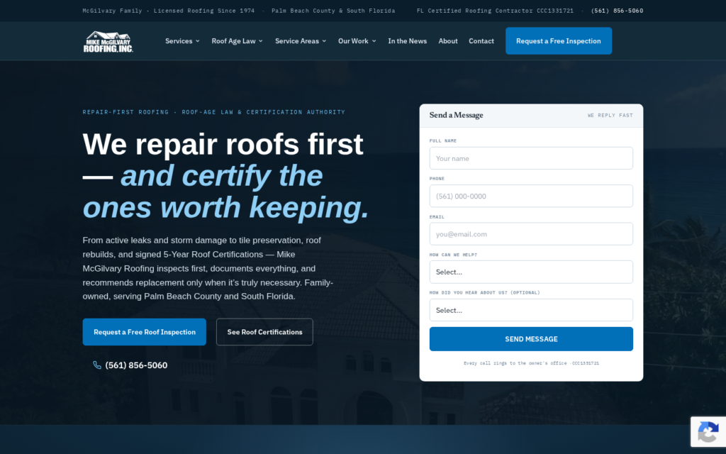 Mike McGilvary Roofing — website homepage designed by UltraWeb Labs