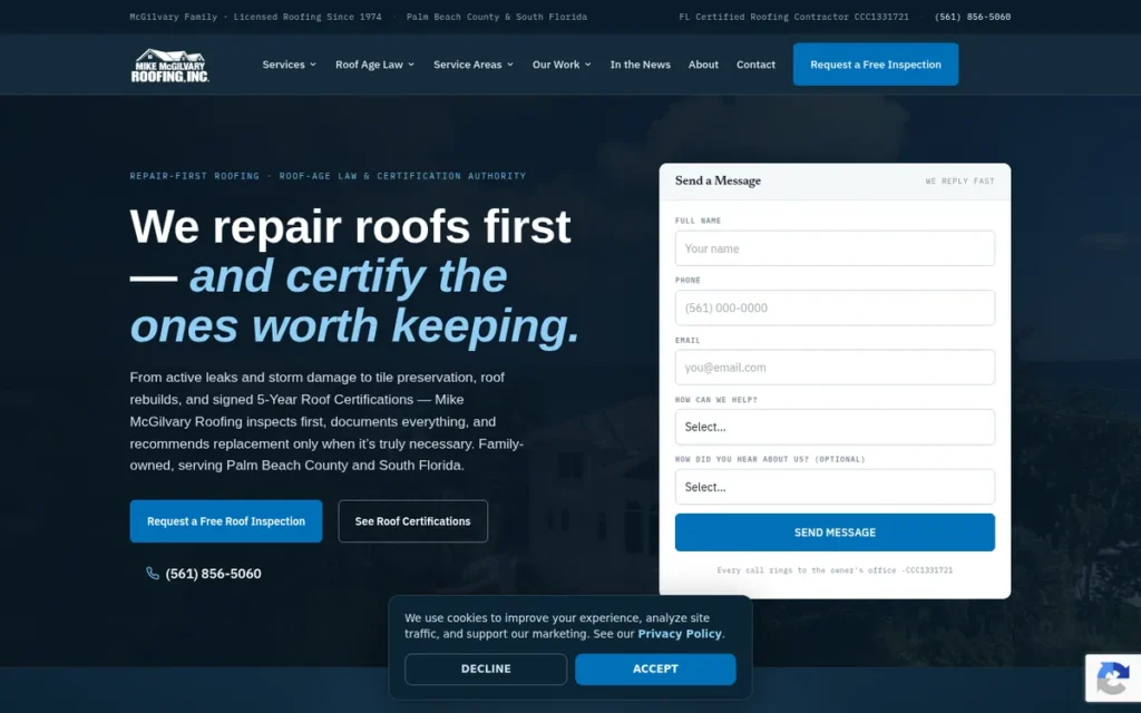 Mike McGilvary Roofing — website homepage designed by UltraWeb Labs