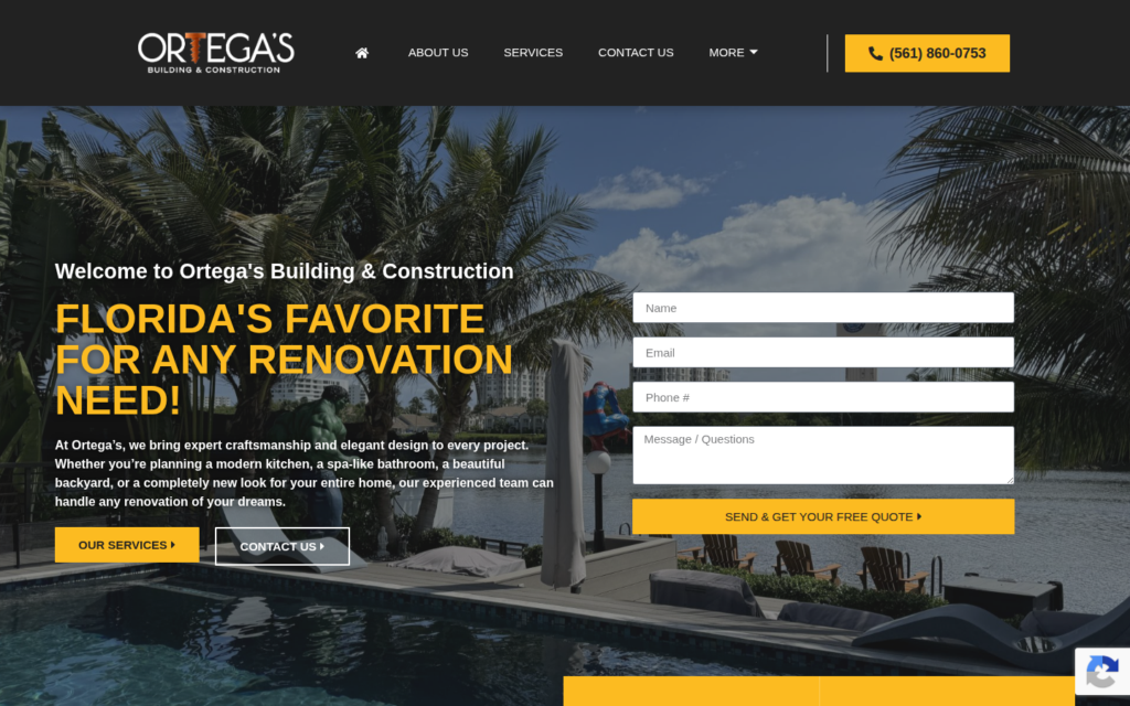 Ortega’s Building & Construction — website homepage designed by UltraWeb Labs