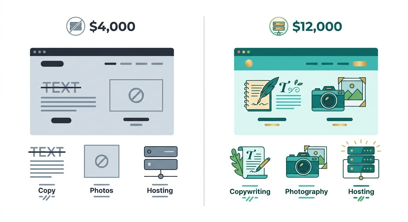 Side-by-side diagram of two website quotes: a cheaper one with no content services and a pricier one that includes copywriting and photography