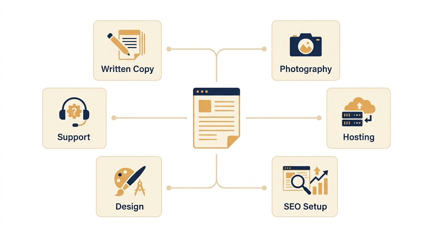 Spoke diagram with a quote document at the center, connected to cards for written copy, photography, hosting, SEO setup and design