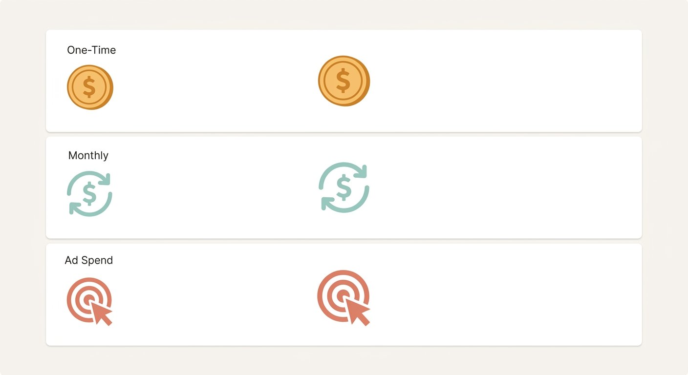 Three separated budget-line cards labeled One-Time, Monthly, and Ad Spend, each with a distinct icon and color.