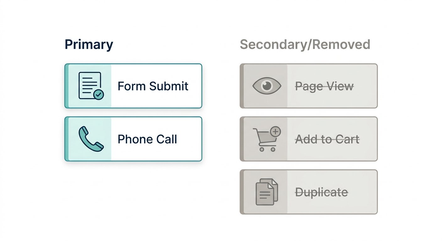 Two-column diagram: Primary column shows Form Submit and Phone Call cards in teal; Secondary column shows greyed-out Page Vie