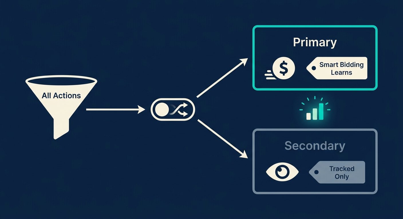 Flow diagram splitting all conversion actions into Primary (Smart Bidding learns) and Secondary (tracked only) paths from a c